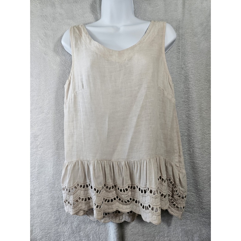 VALENTINA NALDI 100% Linen Eyelet Top Size S Beige Embroidery Ruffle Hem ITALY